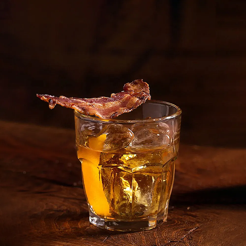 bacon old fashioned cocktail smoked maple whiskey knob creek